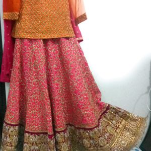 Pink Orange Heavy Embroidery Rahwari Lahenga