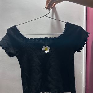 Black Ribbed Daisy Crop Top