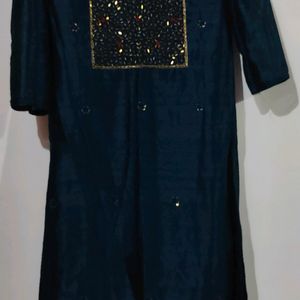 Blue Kurta With Mirror And Thread Work