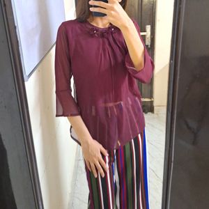 WINE COLOR 3/4 BELL SLEEVES TOP