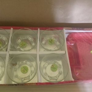 6 Glass Cups 1Tray Bowl Set