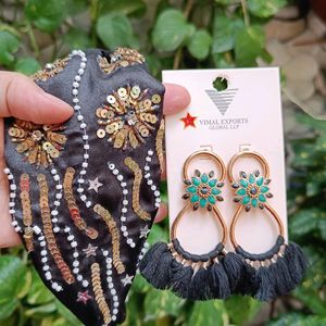 1 Black Tassel Earrings With Hair Band