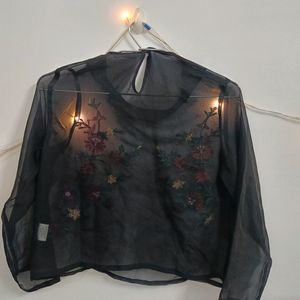 Tokyo Talkies Black Embroidered Sheer Top