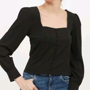 Fancy Regular Sleeve Solid Black Top