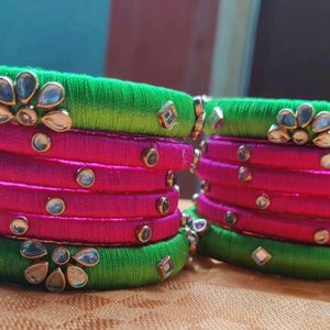 Green and Pink Silk Thread Bangles