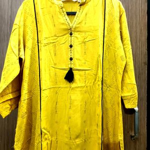 Yellow Gold Stright Silk Blend Cotton Kurti