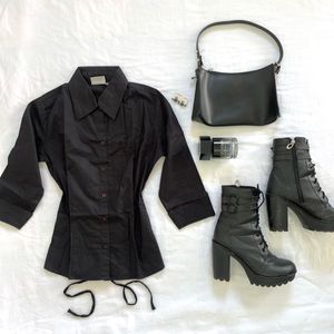 ✰ Black Lace Up Corset Y2K Fitted Shirt ✰