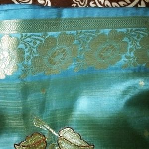 Teal Blue Colour Saree With Embroidery Flowers