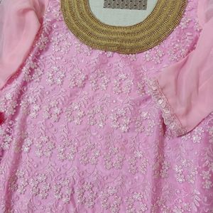 Pink Suit Set With Mirror Work & Thread