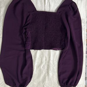 Woven Puff Sleeves Wine Crop Top