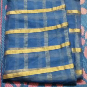 Blue Saree With Golden lines