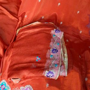 Silk geru Rust clr embroidery work with dupatta