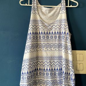 White Base With Navy Blue Prints Long Tank Top