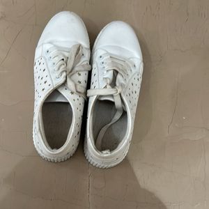 White Shoes with Cute Golden Design