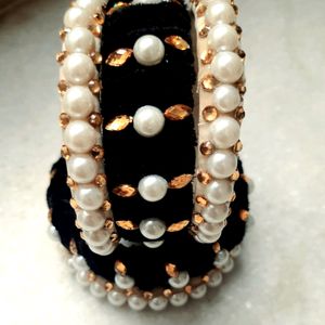 Black Velvet White Pearl Trending Bangles Set Of 5