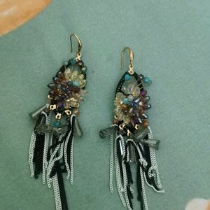 Black and White Earrings With Multi-coloured stone