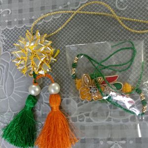 Saffron White Green Coloured Rakhi for Bhai Bhabhi