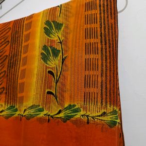 Orange Flower Print Saree