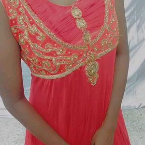 Coral Flared Sleeveless Party Wear