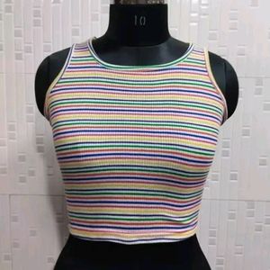 New Round Neck Striped Cut Sleeve Top