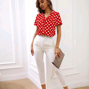 Front Button Polka Dot Frill Trim Blouse