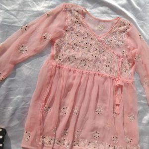 Beutiful Peach Chikankari Mirror Work Kurti/ Tunic