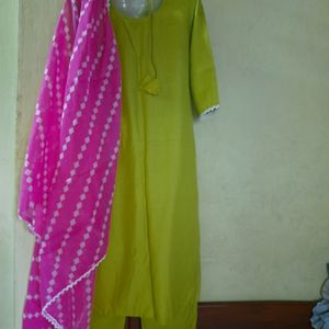 Three Pieces Kurta Set In Lime Green Colour