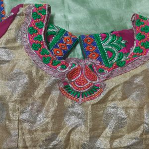 Florescent Green Saree With Stitched Blouse