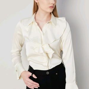 New Cream Ruffled Neck Korean Shirt