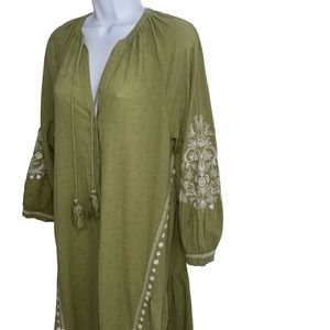 Floral Olive Embroidered Cotton Midi Shirt Dress