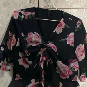 Black Flower Print Top Cum Crop Piece