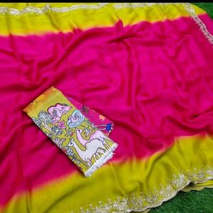 Pink With Lemon Yellow Rangoli Sarees