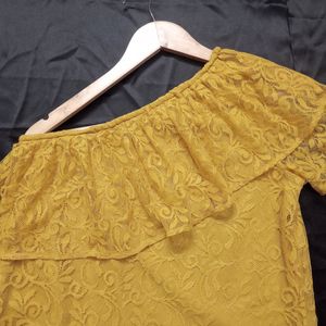 One Shoulder Lace work Mustard Top