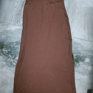 Brown Ribbed Slit Skirt With Shirt