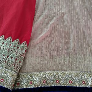 Cream And Red Embroidery Printed Saree (Women)