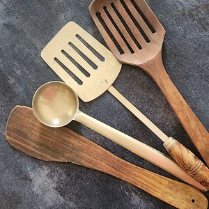 Combination Of 2 Wooden Spatulas and Steel Karchi