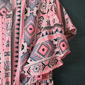 Baby Pink Printed Flared Top With Butterfly Sleeves