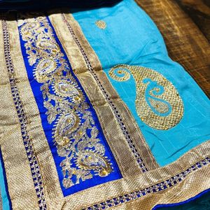 Golden Thread work Turquoise blue color saree