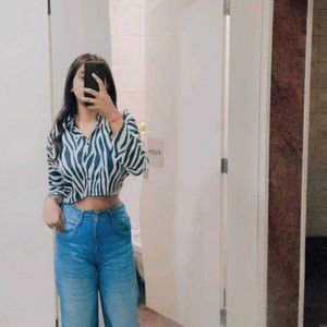 Zara Black And White Check Crop Shirt For Women