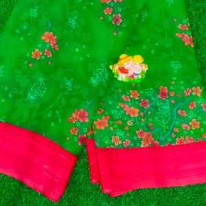 Green soft chiffon saree with contrast Blouse
