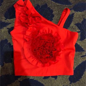 One Strap Red Flower Crop Top For Women