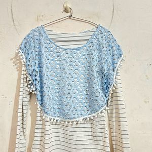 Ice Blue-white Full Sleeves Fitted Net Top