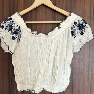 Off Shoulder Crop Top With Blue Embroidery