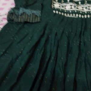 Dark Green Cotton Anarkali With Beautiful Work