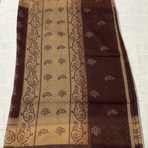 Dark Brown Cotton Saree with Blouse