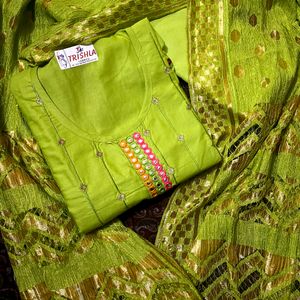Attractive Lime Green Heavy Dupatta Dress Material