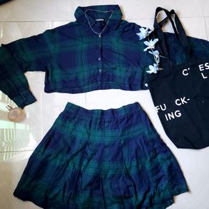 Dark Blue, Green Co Ord Set ( Top & Skirt )