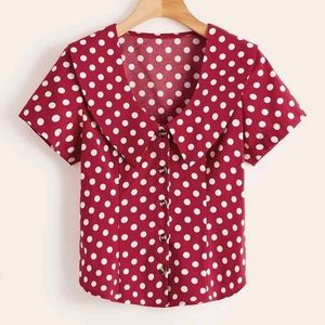 Front Button Polka Dot Frill Trim Blouse