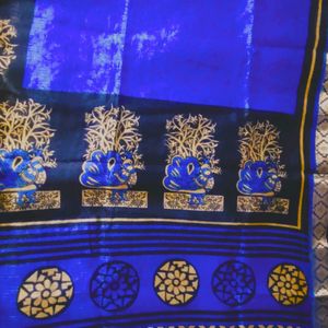 New Beutiful Blue Saree With Golden Lace And Work