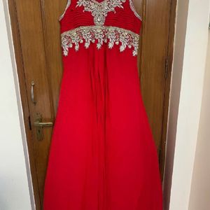 Red Long Flared Gown With Heavy Embroidery